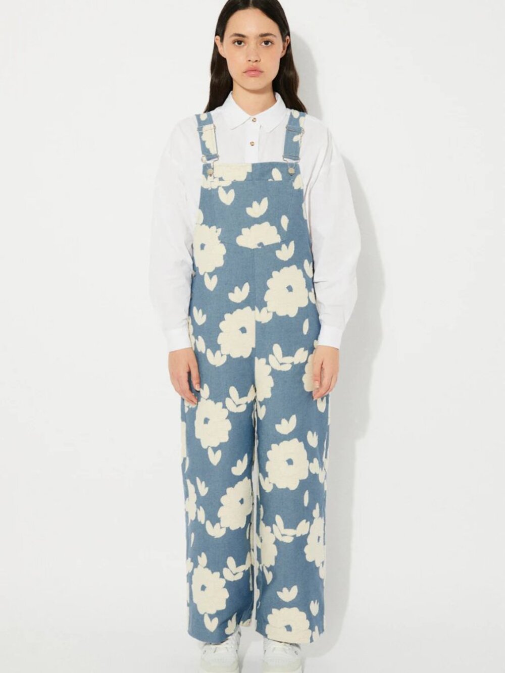 Rita Row Floral Wide Leg Overalls Jumpsuit Blue & Cream Size Small, Designer